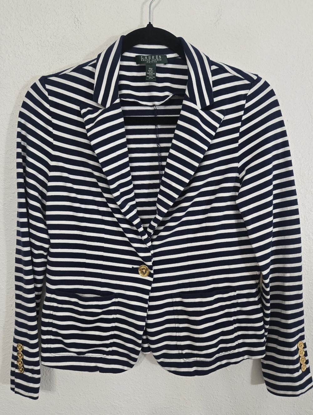 Lauren Ralph Lauren Navy/White Striped Tailored Blazer Gold Buttons Nautical, PM